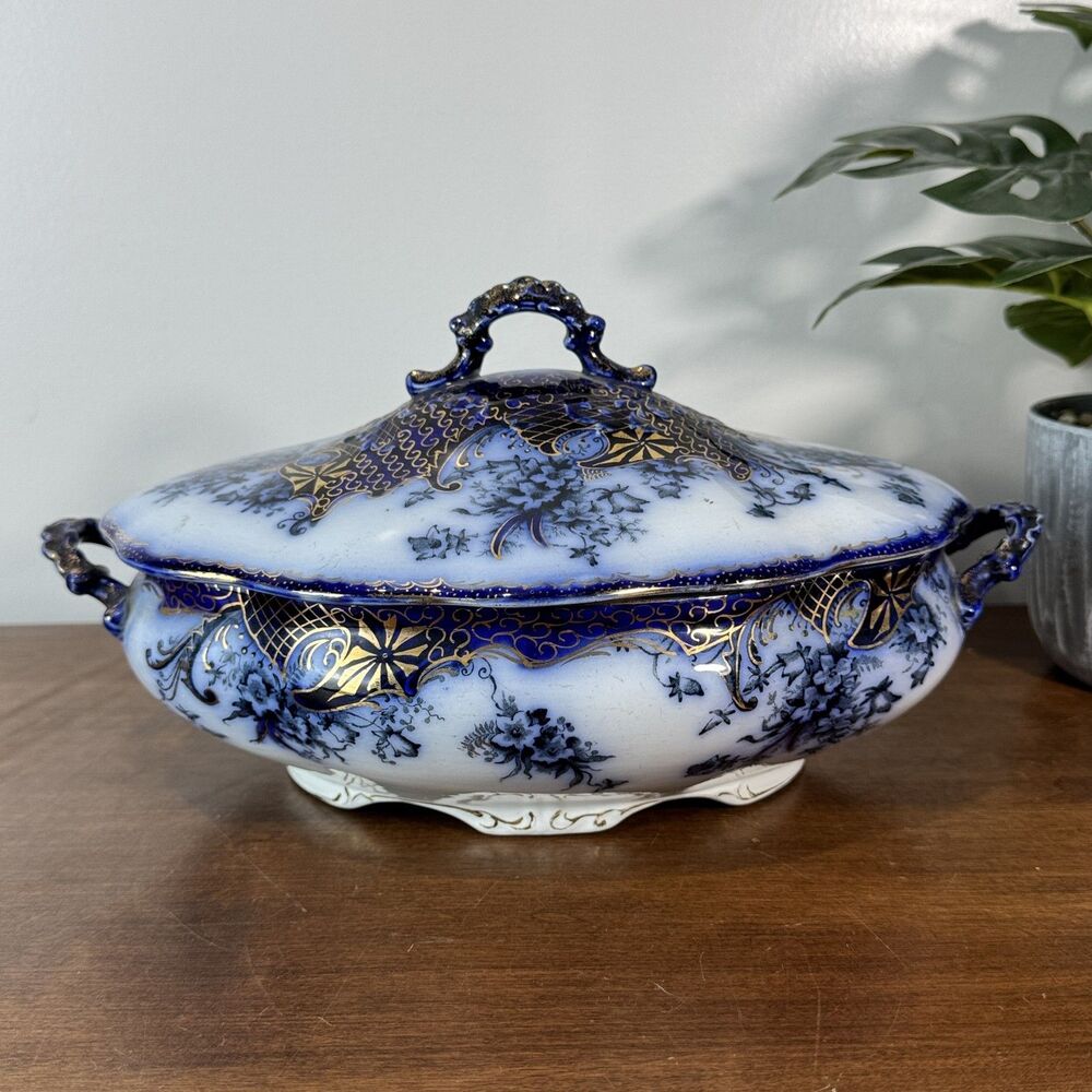 Vintage Flanders Flow Blue & Gold Lidded Covered Serving Dish Bowl Casserole